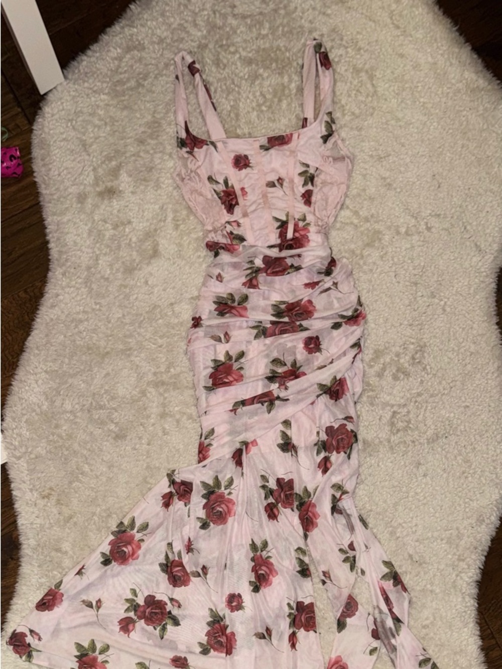 SHEIN Pink Floral Rose Ruched Maxi Dress